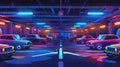 Retro cars parked at underground parking. Modern cartoon illustration of dark basement at night, many cars illuminated Royalty Free Stock Photo