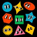Retro cartoon brutalist shape funny faces. Groovy vintage 30s 60s 70s minimalistic faces with various emotions on