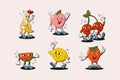 Retro Cartoon Character Fruit Set. Vector Funny Illustration with Banana, Cherry, Lemon, Strawberry, Watermelon, Peach Royalty Free Stock Photo