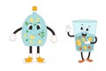 Retro cartoon characters of bottle and glass of citrus water with fruits. Drink rubber hose animation style groovy mascots. Drink