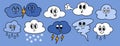 Retro cartoon clouds character with different emotion. Rain, snow, wind, thunder, lightning, tornado groovy sticker pack Royalty Free Stock Photo