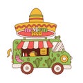 Retro cartoon Commercial Food Truck Vehicle with Mexican Food. Side view vehicle witn sombrero in its top. Vector