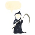 retro cartoon death with scythe and speech bubble