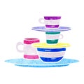 retro cartoon doodle of colourful bowls and plates