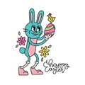 Retro cartoon Easter Hunny Bunny character holding big painet egg and chicken. Spring holiday concept in trendy retro