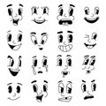 Retro cartoon faces. Fanny mascot emotions from cartoons. 30s 40s 50s hand drawn facial expressions. Emotional