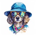 Retro cartoon fancy dog wearing blue trendy summer hat and stylish sunglasses isolated over white background. Created with