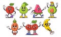 Retro Cartoon Fruits Apple, Pear, Watermelon Slice, Avocado and Pineapple. Cherries and Banana Characters