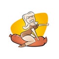 Retro cartoon girl riding on a sausage