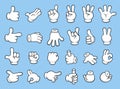 Retro cartoon gloved hands gestures. Thumb up, finger count, forefinger pointing, fist and palm waving hello. Comic style