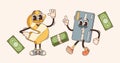 Retro Cartoon Groovy Financial Characters. Funky Dollar Sign With Psychedelic Vibes Waving Hand, And Credit Card