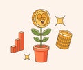 Retro Cartoon Groovy Money Tree Or Potted Plant Character With Jazzy Vibes And Funny Smiling Face. Business Personage