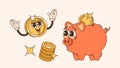 Retro Cartoon Groovy Piggy Bank Flaunts Psychedelic Chill Demeanor. Dollar Coin Character Is A Shiny, Animated Currency Royalty Free Stock Photo