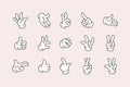 Retro Cartoon Hands Set in Different Gestures Showing Ok Sign, Pointing Fingers, Thumb Up, Rock sign, High Five. Vector Royalty Free Stock Photo
