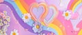 Retro cartoon heart characters with rainbows and clouds on pink background with groovy hippie Valentine's Day Royalty Free Stock Photo