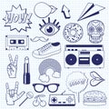 Retro cartoon icons on a squared notebook sheet. Sketch of vintage signs and symbols. Royalty Free Stock Photo