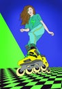 1990s Roller Blade Skating Girl Graphic Illustration