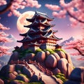 Retro Cartoon japanese castle on a rocky mountain made of clay Royalty Free Stock Photo