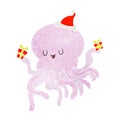 retro cartoon of a jellyfish in love wearing santa hat