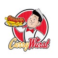 Retro cartoon man with german currywurst Royalty Free Stock Photo