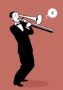 Retro cartoon music. Trombone player playing a song. Royalty Free Stock Photo