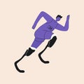 Retro cartoon style disabled amputee athlete running with prosthetic legs.