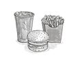 Hamburger, small fries and soft drink Cartoon Retro Drawing