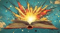 Retro cartoon-style illustration of an open book with an explosive burst and clouds emanating from it Royalty Free Stock Photo