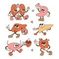 Retro cartoon style internal organs characters set. Groovy vintage isolated design element vector illustration. Kidneys