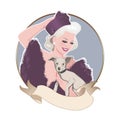 Retro cartoon style PinUp blonde girl wearing a fur hat and stole, carrying a puppy. October and November. French Republican