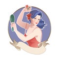 Retro cartoon style PinUp girl carrying a brush and putting a flower in her hair. November and dicember. French Republican