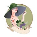 Retro cartoon style PinUp girl wearing big hat and grapes. Flower and bird tattoos. September and October. French Republican Royalty Free Stock Photo