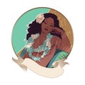 Retro cartoon style PinUp Hawaiian or Latina girl with hibiscus in her hair and flower necklace, napping under the shade of a palm