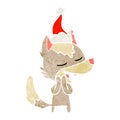 retro cartoon of a wolf laughing wearing santa hat