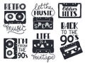 Retro cassette lettering. Hand drawn 90s retro music analogue audio cassette tape phrases, 80s audio record tape