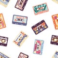 Retro cassette pattern. Seamless background with old audio stereo tapes with music records of 80s and 90s. Endless