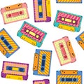 Retro cassette pattern. Seamless vintage memphis 90s party pattern, music audio cassette, analogue 80s stereo