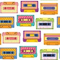 Retro cassette pattern. Seamless vintage memphis 90s party pattern, music audio cassette, analogue 80s stereo