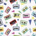 Retro cassette pattern. Vintage funky seamless texture with audio tape. Compact stereo player mixtapes and geometric Royalty Free Stock Photo