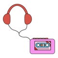 Retro cassette player with headphones, doodle style flat vector