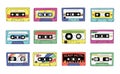 Retro cassette. 90s audio tape of rock and pop songs mix. Vintage compact stereo player. Jazz musical hits mixtape