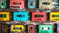 Retro cassette tapes in an array of vivid hues. Top view. Backdrop. Concept of vintage music, collectible items, the 80s Royalty Free Stock Photo