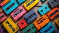 Retro cassette tapes in an array of vivid hues. Top view. Background. Concept of vintage music, collectible items, the Royalty Free Stock Photo