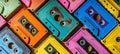 Retro cassette tapes in an array of vivid hues. Top view. Background. Concept of vintage music, collectible items, the Royalty Free Stock Photo