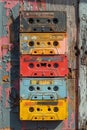 Retro Cassette Tapes on Weathered Wooden Texture Royalty Free Stock Photo
