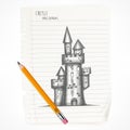 Retro Castle sketch on paper. Vector illustration.