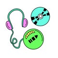 Retro CD Player, Headphones and compact disc. Portable audio 90s musical equipment. Pop culture Y2K. 90s style vector Royalty Free Stock Photo