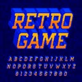 Retro Game alphabet font. Digital 3d pixel letters and numbers.