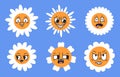 Retro chamomile flowers with comic faces. Doodle daisy flower emojis, comic book cute caricature mascots flat cartoon vector