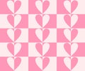 Retro checkerboard groovy seamless pattern with hearts on pink and white background. 70s 80s style cute vector illustration